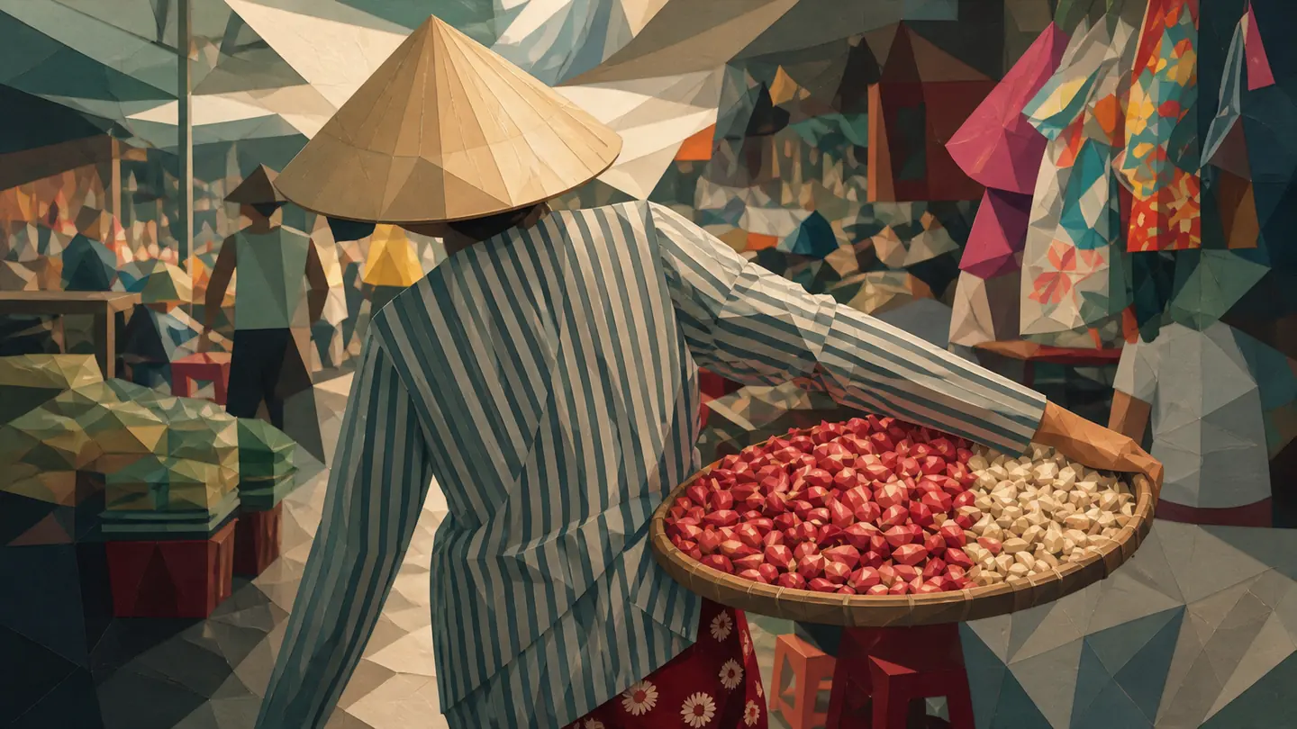 Người bán hàng với mẹt nông sản trong chợ Đông Ba